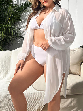 Saída de Praia Plus Size Camisa de Tule Manga Longa