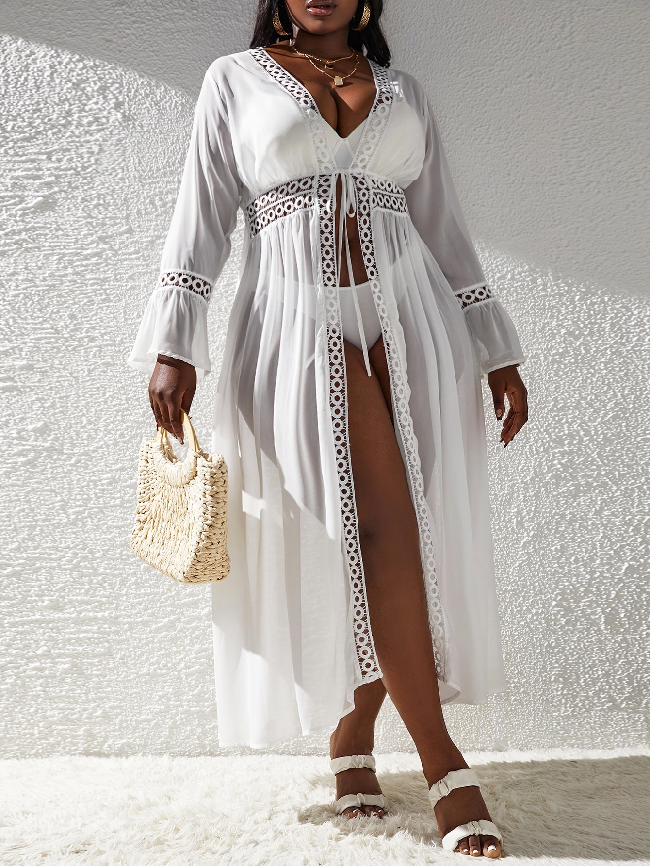 Saída de Praia Plus Size Vestido Longo Manga Comprida