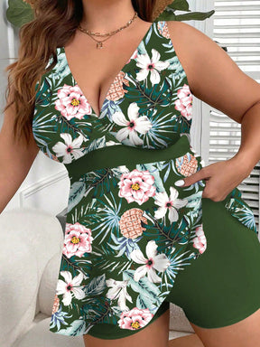 Maiô Plus Size Regata e Short Florido Feminino Para a Praia